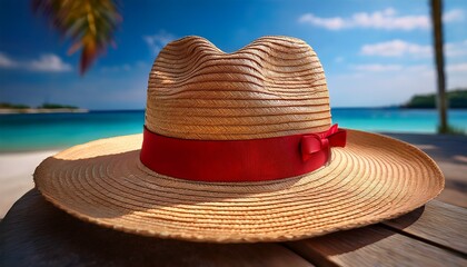 A Stylish Straw Hat Adorned With A Vibrant Red Ribbon Embodying Summer Fashion And Outdoor Leisure