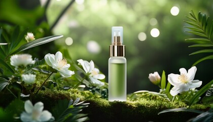 A Serene Beauty Product Surrounded By Delicate Flowers In A Lush Green Setting
