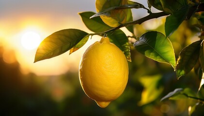 A Ripe Lemon Hangs On A Tree Bathed In The Warm Golden Light Of Sunset Lush Green Leaves Surround The Yellow Fruit In Southern Europe