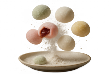 Colorful Japanese mochi desserts falling with flour dust, isolated on transparent background