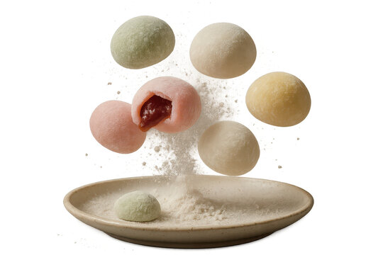 Colorful Japanese mochi desserts falling with flour dust, isolated on transparent background