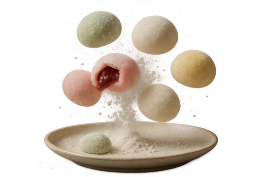 Colorful Japanese mochi desserts falling with flour dust, isolated on transparent background