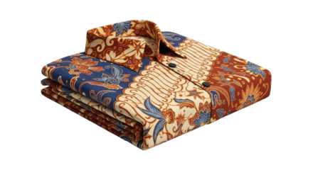 Folded batik shirt with a floral pattern in blue, brown, and beige, isolated on a white background.