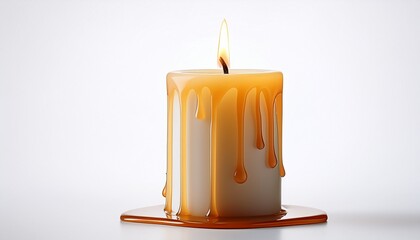 A Glowing Candle With A Tall Flame Melted Wax Drips Down Its Sides And Pools Below On White