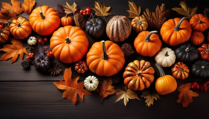 A Festive Arrangement Of Colorful Pumpkins And Halloween Decorations On A Dark Background Perfect For Seasonal Celebrations And Autumn Themes
