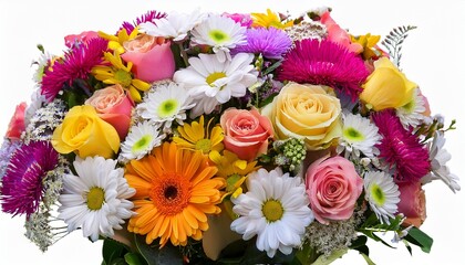 A Colorful And Vibrant Bouquet Of Mixed Flowers Including Daisies Roses And Asters Blooming Beautifully And Isolated On A Transparent Background
