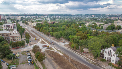 Panoramic aerial view of road big construction site timelapse
