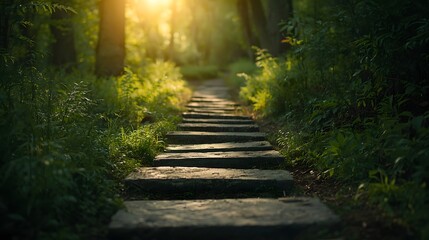 Obraz premium Stone pathway through lush green forest with golden sunlight filtering through trees, creating a serene natural landscape perfect for hiking, meditation, and tranquility