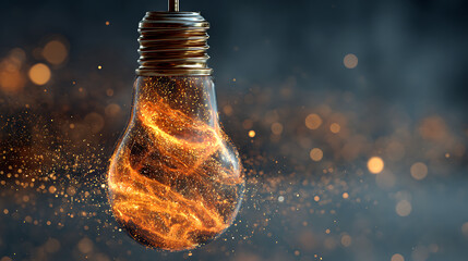A light bulb containing swirling, fiery orange energy and glowing particles. An abstract concept of creativity, innovation, ideas, and powerful thinking on a dark background.