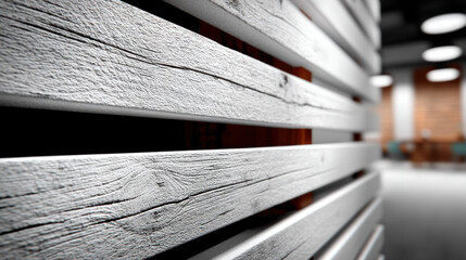 Close-up of white wooden slats stacked in a shallow angle, highlighting weathered grain and subtle texture against a softly blurred interior background.