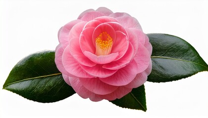 A Beautiful Pink Camellia Flower With Delicate Petals And Green Leaves Isolated On A Transparent Background