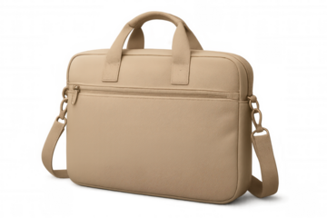 Stylish beige laptop bag with handles and shoulder strap, isolated on transparent background, perfect for professionals