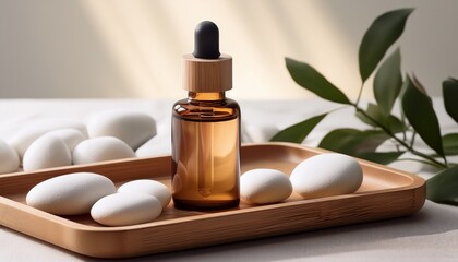 A Bamboo Capped Serum Bottle In A Wooden Tray With White Pebbles Evokes Natural Elegance And Serene Minimalist Beauty