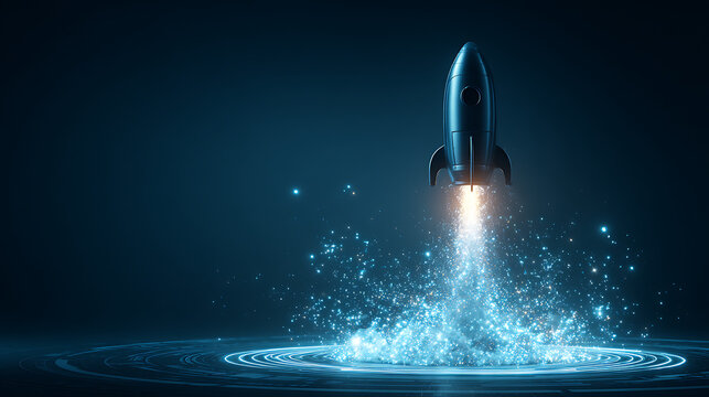 A sleek rocket launches from a glowing digital platform, creating a particle trail. A futuristic concept of a startup business, innovation, growth, and technology.
