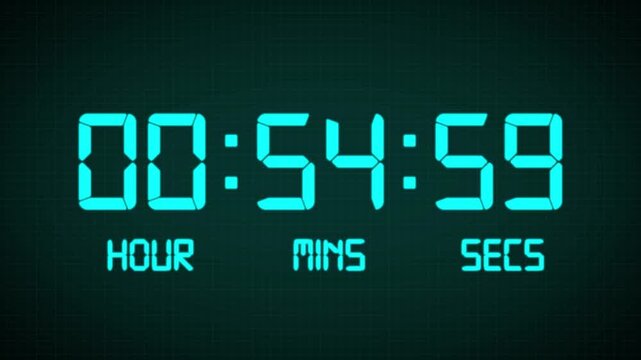 Animated Digital 1 hours countdown timer Animation . Perfect for Presentation Pauses. HUD user interface with technology stopwatch Digital Countdown. 4K countdown animation