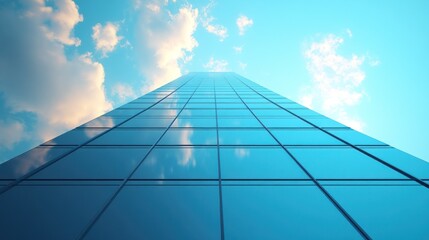 Modern skyscraper reaching skyward against a vibrant blue sky and white clouds.  The glass facade reflects the clouds, creating a mirrored effect