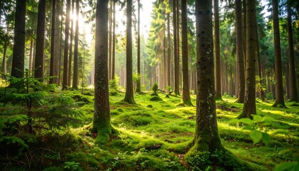 Obraz premium Sunlight streams through a dense forest, illuminating mossy ground & tall trees. Green foliage fills the space