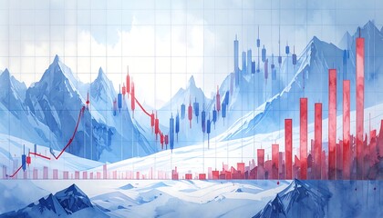Snowy mountain range backdrop with financial charts