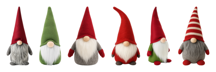 Christmas gnome set including various red, green, and striped hats isolated. Holiday decoration and winter festivities.