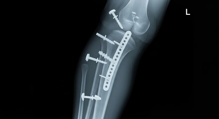 X ray image of a fractured leg with implants