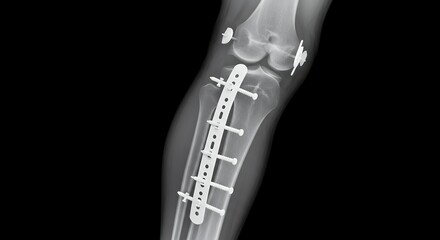 X ray image of leg with metal plate and screws