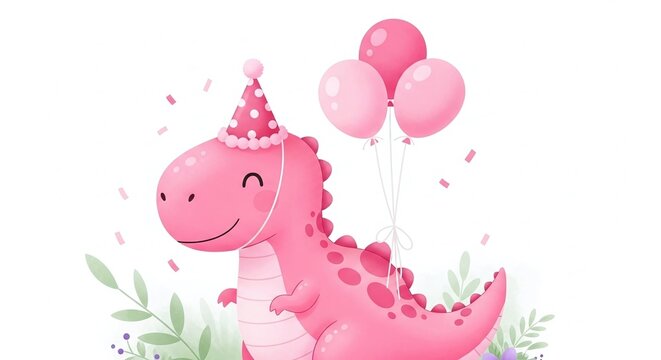 Pink Dinosaur with Balloons in Birthday Scene Isolated on White Background