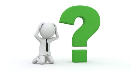 Businessman Kneeling in Despair with Green Question Mark, Isolated on White Background