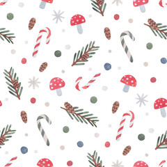 Seamless pattern with hand-painted candy canes, fir branches, pine cones, snowflakes and toadstool mushrooms in naive style