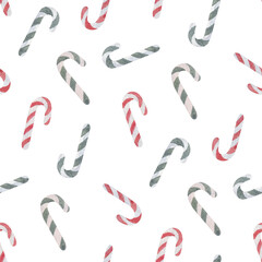 Seamless pattern with hand-painted candy canes in naive Christmas style