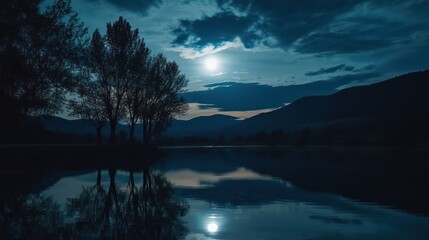 Fototapeta premium Moonlit Serenity: Nighttime Lake Reflection