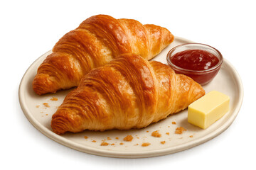 Two croissants with jam and butter isolated on transparent background, food