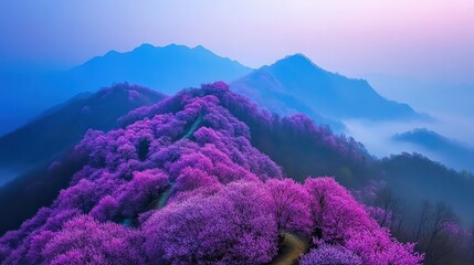 A stunning landscape featuring vibrant pink cherry blossoms cascading over rolling hills under a soft, misty sky, Ideal for nature lovers, travel blogs, or as a backdrop for relaxation themes,