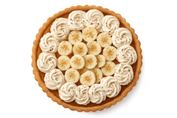 Delicious banana cream pie isolated on a transparent background, top view.