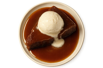 Sticky toffee pudding with ice cream isolated on transparent background view from above.