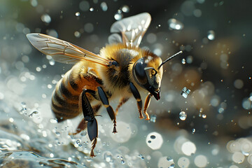 Honeybee in Flight Over Water Drops