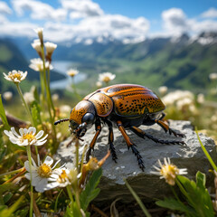 Orange And Black Beetle on Rock with Alpine Flowers and Mountain Background