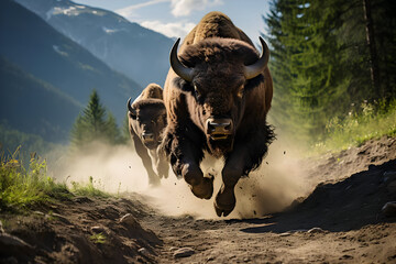 Two Bison Running on Dusty Path, Mountain Background
