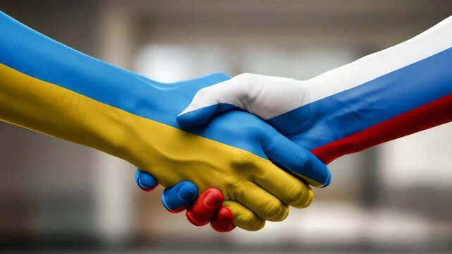 Symbolic handshake between Ukraine and Russia painted hands in focus, political agreement concept video for news media and international relations content
