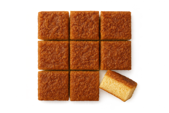 Delicious squares of castella cake isolated on transparent background, top view