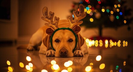 Labrador Retriever Dog in Christmas Outfit with Festive Lights