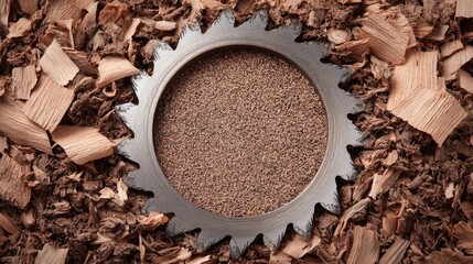 Circular saw blade set in wood chips.