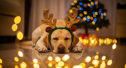 Labrador Retriever Dog Sleeping in Christmas Setting with Lights