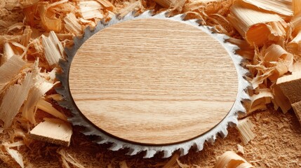 Light-colored wood circular saw blade surrounded by wood shavings.