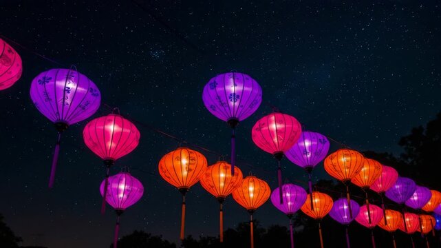 Colorful hanging lanterns glowing under starry sky at night, vibrant red and violet paper lanterns swaying in wind, festive Las Posadas visual for holiday celebrations and cultural storytelling
