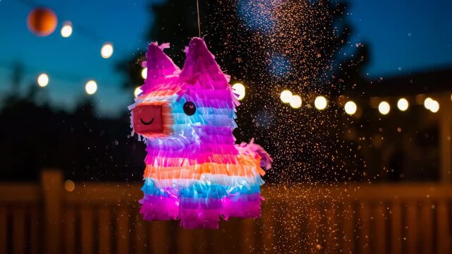 Brightly colored pi&ntilde;ata llama glowing with lights and glitter particles in festive night setting, joyful celebration motion video for Las Posadas, birthdays, and party visuals
