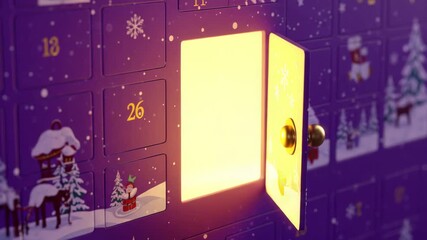 Advent calendar door opening with glowing warm light inside, festive purple background with snowy decorations, magical Christmas animation for holiday countdown content - Powered by Adobe