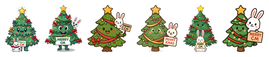 Naklejka premium Christmas tree character set including festive trees and cute rabbits holding signs isolated. Merry holiday illustrations and stickers.