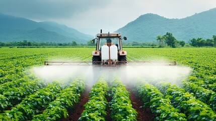 Fototapeta premium A tractor sprays crops in a lush green field against a backdrop of mountains, ideal for agricultural and farming themes, showcasing modern farming practices and land management techniques,