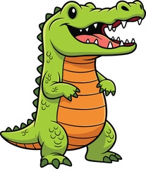 Cartoon green alligator standing upright and smiling, friendly crocodile character vector illustration, playful animal mascot and children’s educational wildlife concept design