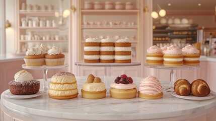 Pastel-toned bakery display with various tiered cakes, cupcakes, and pastries